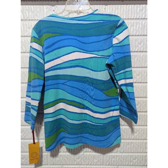 Ruby Rd. Women's Blue & Silver Abstract Pattern Trim 3/4 Sleeve Blouse Size S NW - Picture 3 of 7